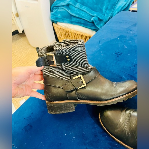 Tommy Hilfiger Black Leather and Striped Clothed Ankle Buckle Boots - Picture 2 of 3
